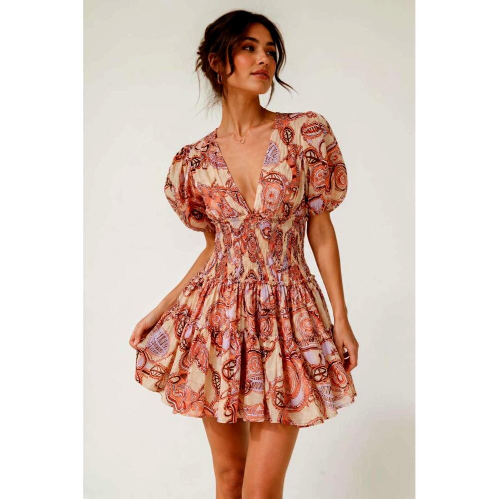 NEW A.L.C. Smocked Mini Dress 4 Puff Sleeve Gathered Skirt Abstract Print Cotton